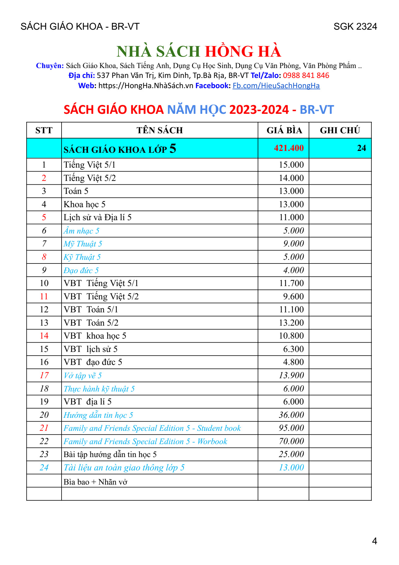 Bộ Sách Giáo Khoa Lớp 5 - Năm Học 2023 - 2024 Tại BR-VT