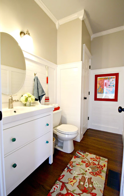 Powder room makeover with planked walls and Ikea 