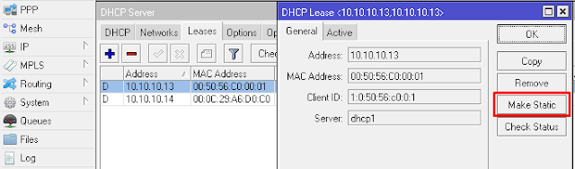 Gambar Konfigurasi DHCP "Make Static" pada Mikrotik