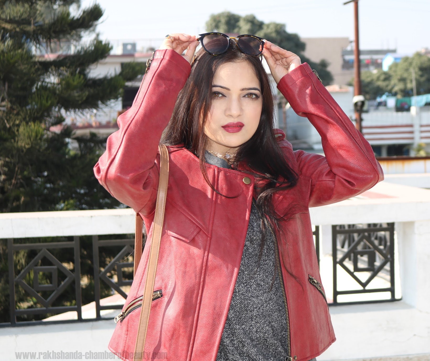 fashion, Front Row Shop, Indian fashion blogger, leather jacket, OOTD, styling a leather jacket, Vero Moda, winter fashion, Chamber Of Beauty, top fashion blog in India, how to style a burgundy leather jacket, ripped jeans