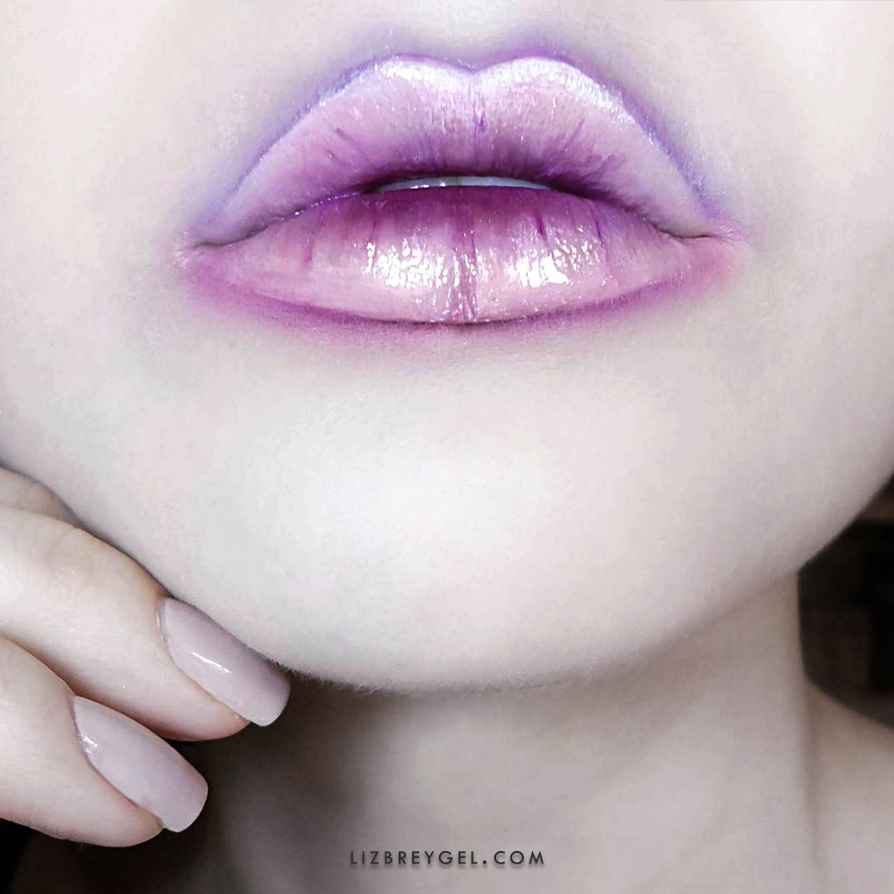 close-up of lips with pastel pink and lavender lip look