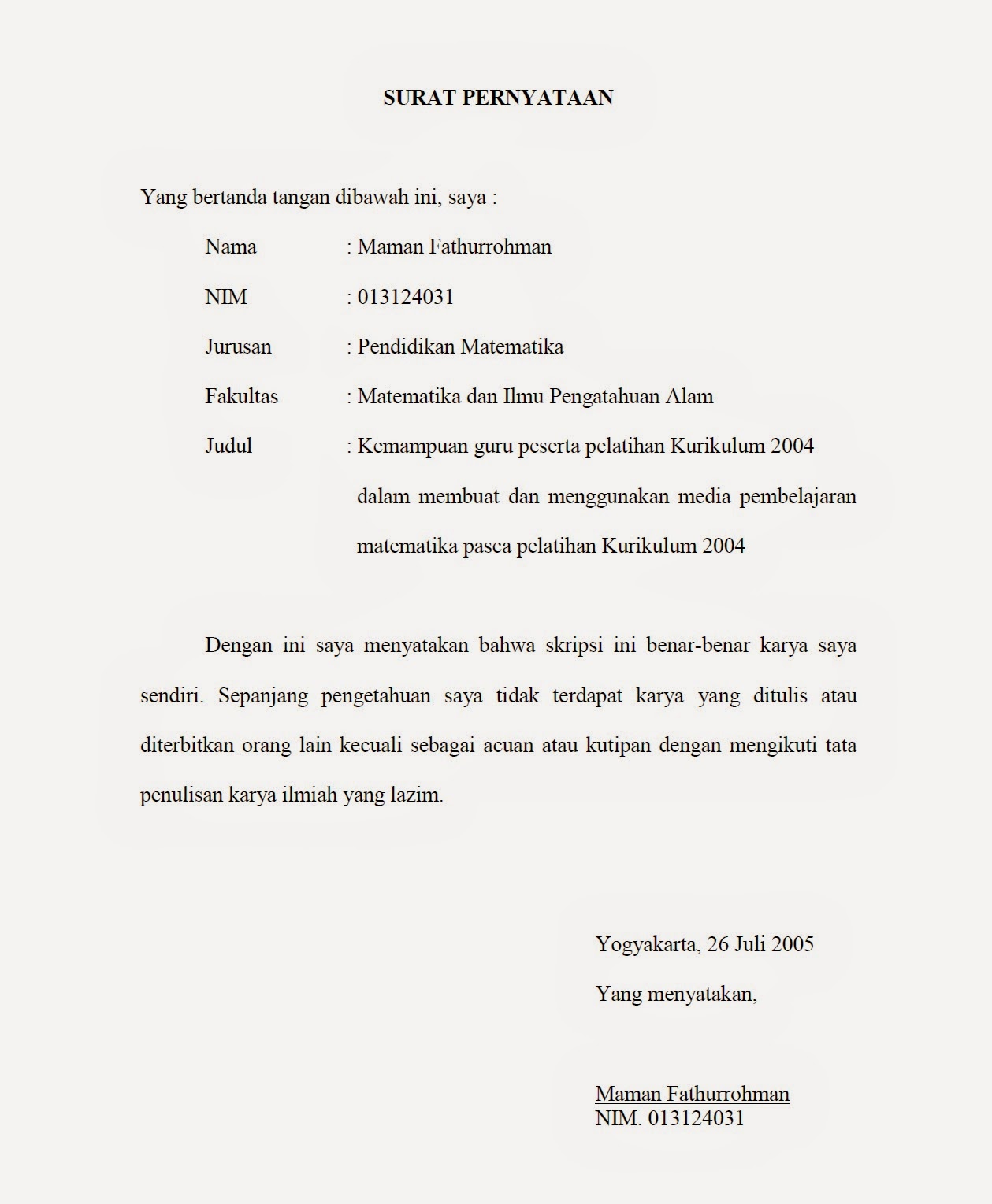 CONTOH SURAT :: Contoh Surat Pernyataan Skripsi | kajianpendidikan.com