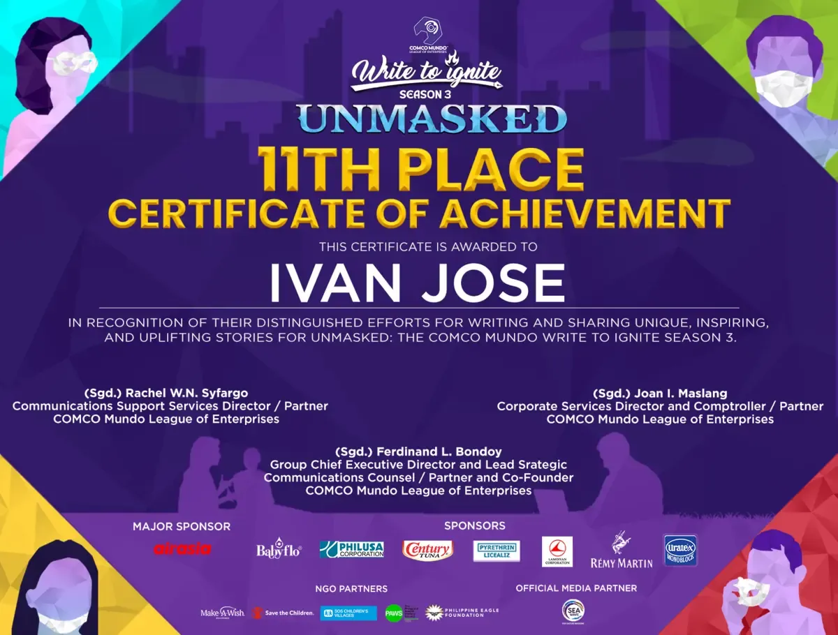 Write to Ignite Season 3 Certificate of Achievement for Ivan Jose