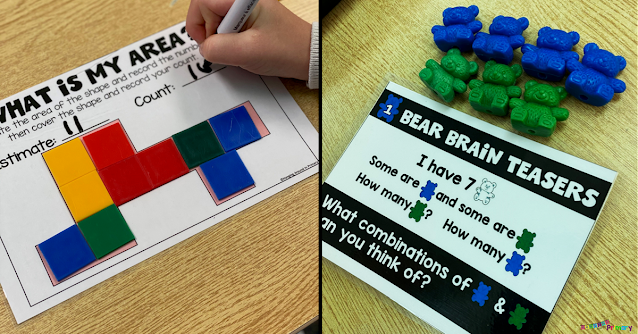 Use hands on math activities to start your day like measuring area with tiles or using counting bears to make combinations of a number for addition problems.