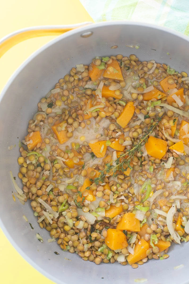 Pumpkin, thyme and lentils with herbs and spices being simmered.