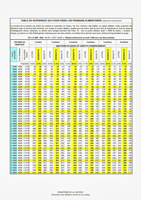 Ο Πίνακας που ακολουθεί είναι επίσημα αναρτημένος από το Γαλλικό Υπουργείο Δικαιοσύνης και αφορά τα ποσά των διατροφών που πρέπει κάποιος να καταβάλλει, αναλόγως πάντα με τις οικονομικές απολαβές του και με τον αριθμό των παιδιών που έχει, για το έτος 2013.