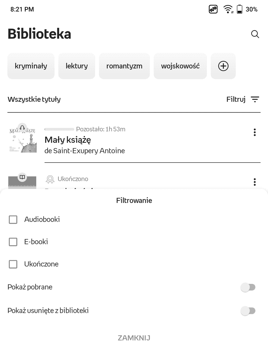 Onyx Boox Page – opcje filtrowania tytułów w bibliotece w aplikacji Empik Go