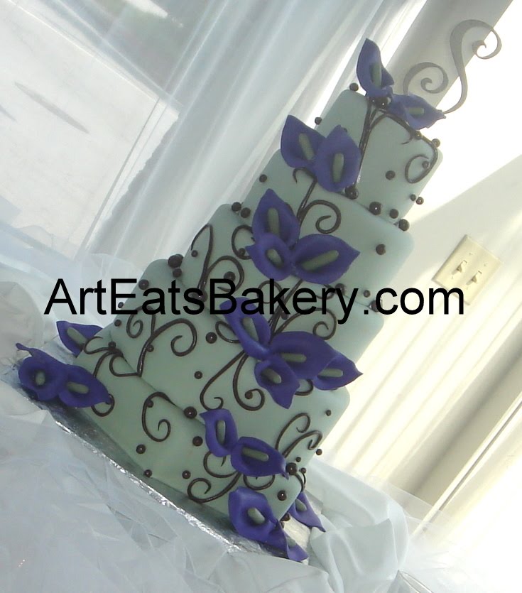 Five tier custom designed pale green fondant wedding cake with bronze swirls 