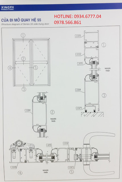 Kết cấu cửa đi mở quay nhôm Xingfa hệ 55