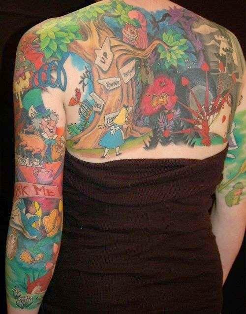 Amazing Forest Tattoo On Women Back, Women Back With Amazing Forest Tattoo, Forest Amazing Tattoo On Women Back, Women With Kids Playing In Forest Tattoo, Women, Artist, Flower, Animals, Parts, 