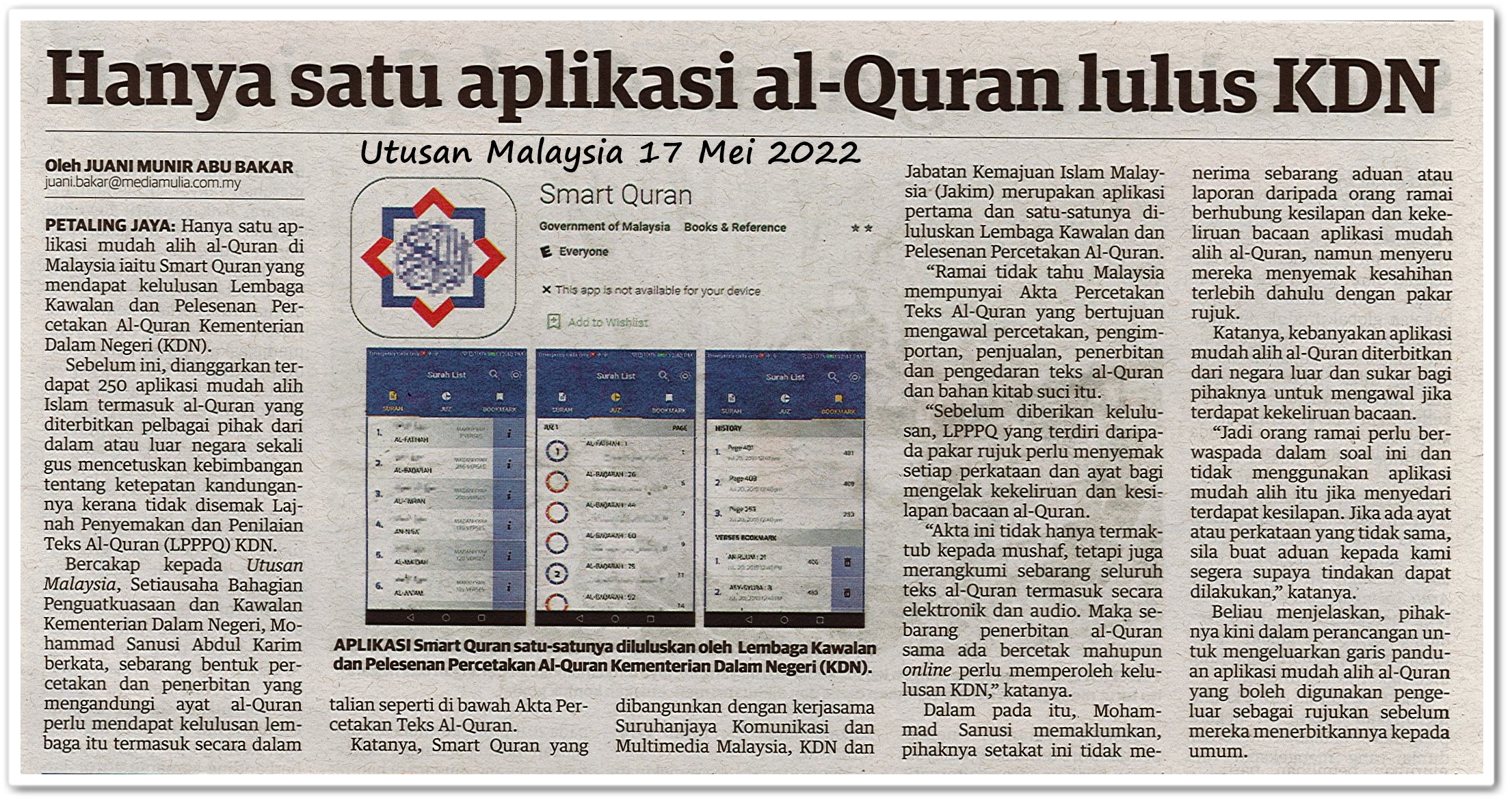 Hanya satu aplikasi Al-Quran lulus KDN - Keratan akhbar Utusan Malaysia 17 Mei 2022