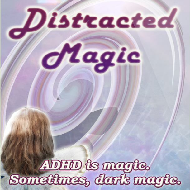 cover of "Distracted Magic" featuring the back of a winged woman, her shadow falling on an abstract whirlwind in lilac shades