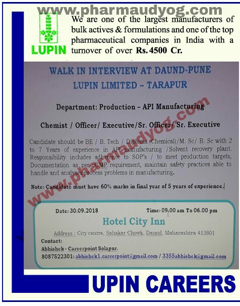 Lupin limited | Walk-In for Production API | 30th September 2018 | Pune