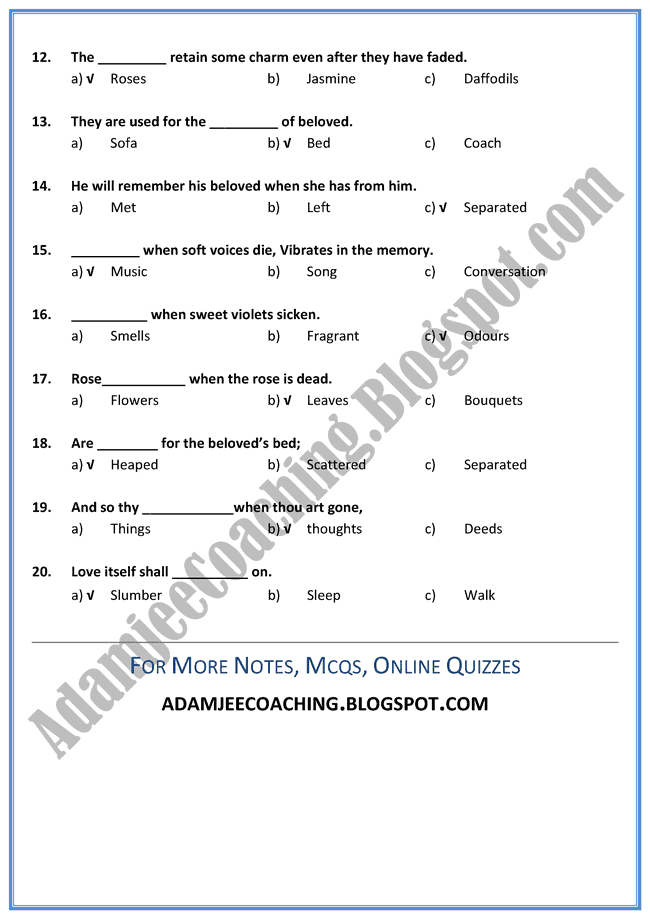 English XII - Music When Soft Voices Die - Mcqs