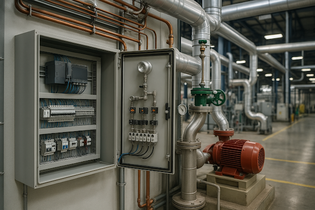 Panel kontrol sistem mekanikal elektrikal pintar terbuka di dalam pabrik modern, menampilkan kabel, pipa tembaga, dan pompa sentrifugal merah di area produksi.