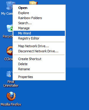 membuka ms word dari klik kanan my computer