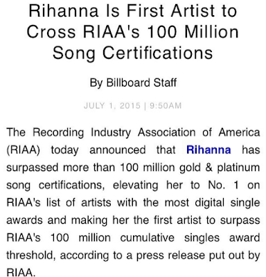 Rihanna becomes the first artist, male or female, to earn 100 million Gold and Platinum song awards 1