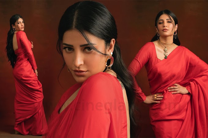 Actress Shruti hassan pretty looks in red saree photoshoot