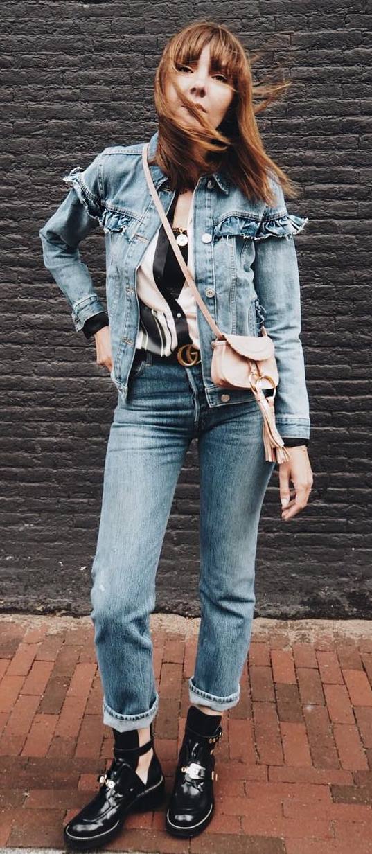 fashionable denim outfit : jacket + jeans + top + bag + boots