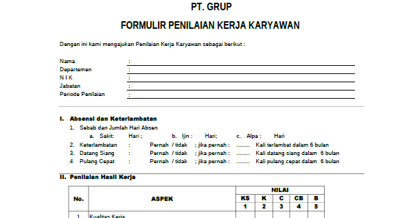 Formulir Penilaian Kinerja Karyawan ( Employee Performance 