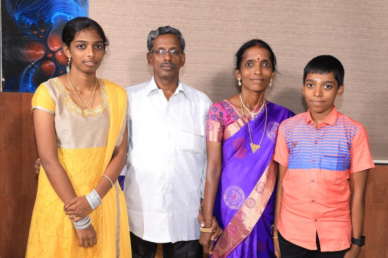 Indian Grandmaster R Praggnanandhaa with his father Rameshbau, mother Nagalakshmi, and sister R Vaishali in Chennai in 2019 ©  T.N. Raghu