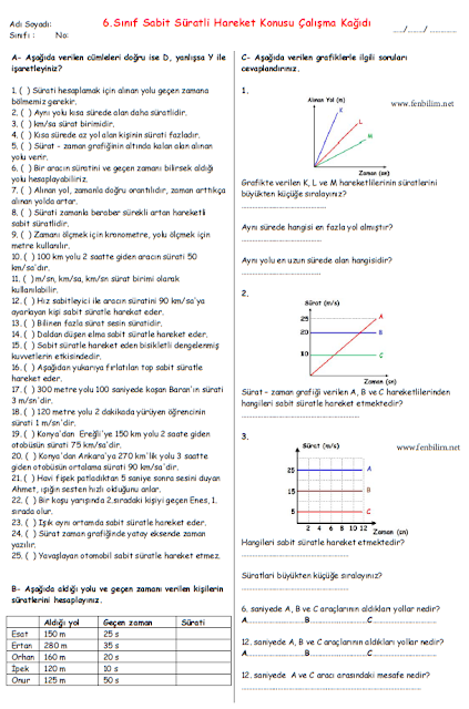 6.Sınıf Sabit Süratli Hareket Çalışma Kağıdı