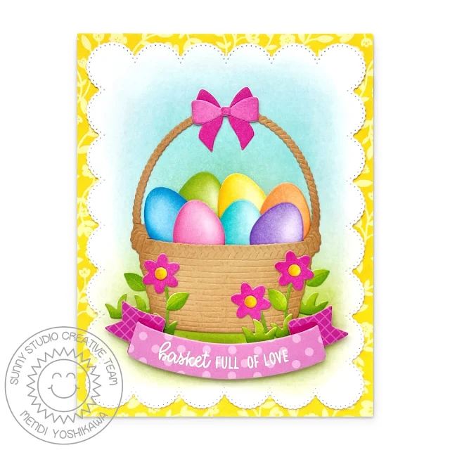 Sunny Studio Stamps Easter Basket & Eggs Scalloped Card using Wicker Basket & Frilly Frames Eyelet Lace Dies + Spring Fever Paper