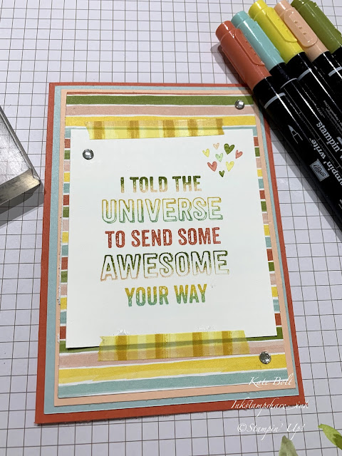 Good luck card with the sentiment I told the universe to send some awesome your way. stamped in the same colours as the Bird Ballad paper used, using stampin Write Markers