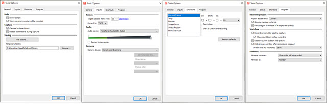 opzioni di settaggio in camtasia