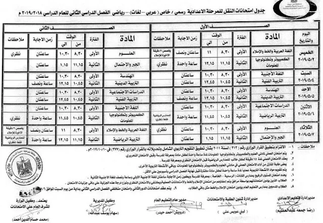 جدول بنى سويف اخر العام 2019 ابتدائى واعدادي وثانوى - الترم الثانى