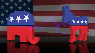 Graphic with elephant and donkey in American flag colors.