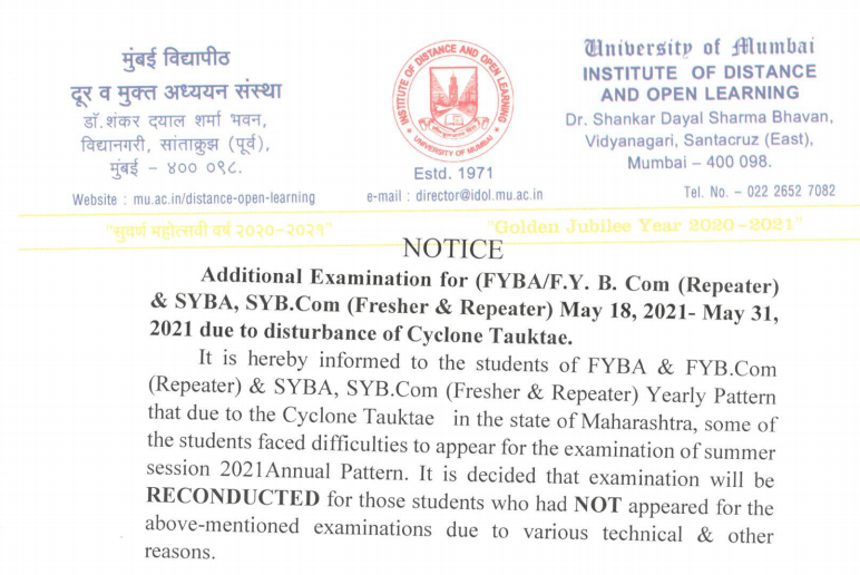 Mumbai University Notice for Additional exam due to Cyclon pdf