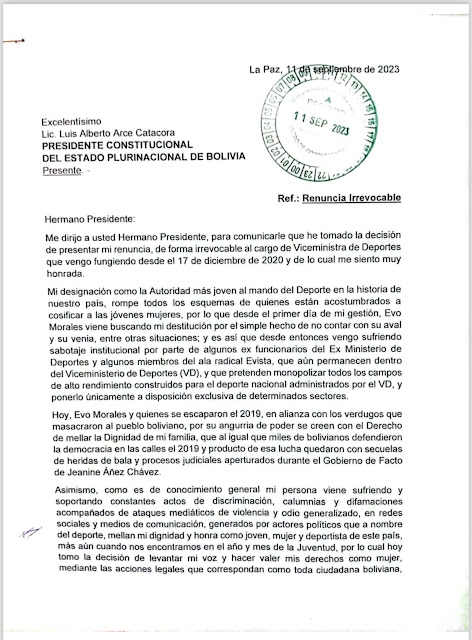 Carta de la Viceministra de Deportes Cielo Veizaga