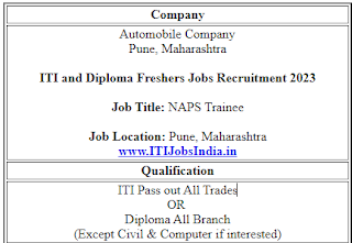 ITI and Diploma Freshers Jobs Recruitment in  Automobile Company Pune, Maharashtra Location | Apply Now