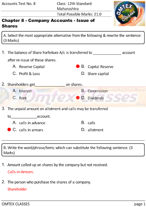 Accounts Test No. 8. Class: 12th Standard Maharashtra Chapter 8: Company Accounts - Issue of Shares.