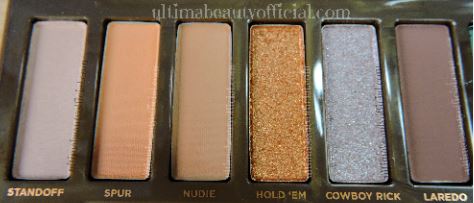 Close up of left side of Urban Decay Naked Wild West Palette, of shades Standoff, Spur, Nudie, Hold 'Em. Cowboy Rick, Laredo