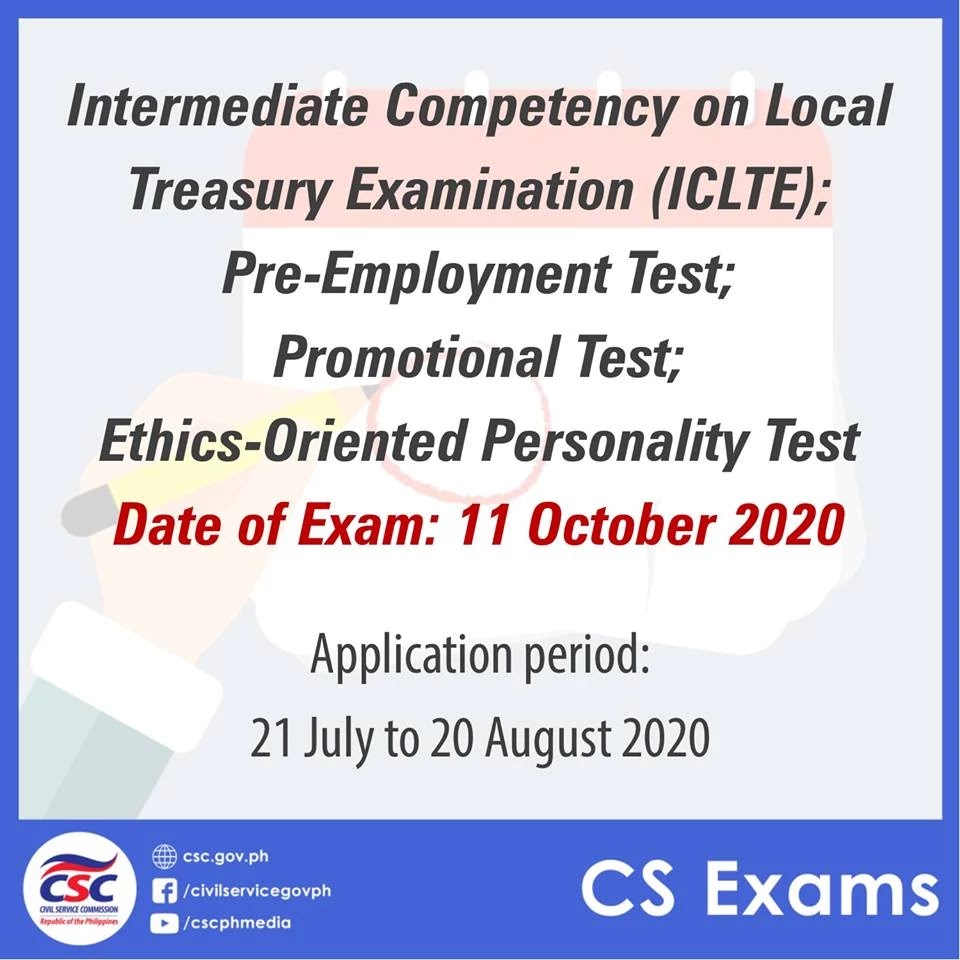 2020 Intermediate Competency on Local Treasury Examination (ICLTE), Pre-Employment Test, Promotional Test, and Ethics-Oriented Personality Test (EOPT)