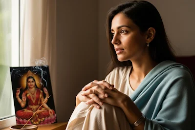 A woman sitting in quiet reflection near a window, with incense and an image of Goddess Lalita in the background.