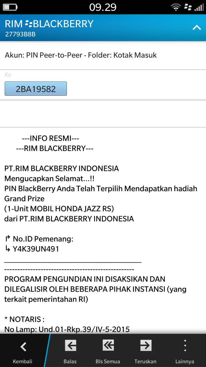 Sekejap Mata Contoh Penipuan Pemenang Undian Dari RIM BlackBerry