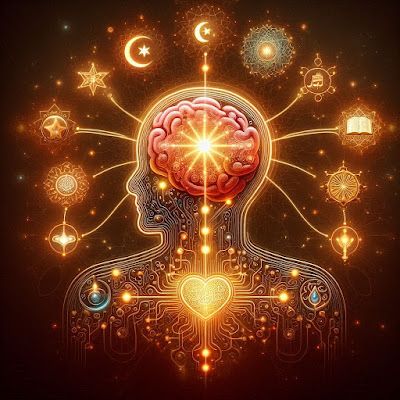 A beautifully stylized wiring diagram connects the brain, heart, and limbs, forming a divine circuit. In the center glows the Arabic word “Nūr” (light). Surrounding it are symbols of dhikr beads, an open Qur’an, and two radiant icons: one is a crescent and star (symbolizing Prophetic guidance), and the other is a sword with a lion motif (symbolizing spiritual courage and leadership). Together, they suggest a living spiritual system rooted in remembrance, knowledge, and divinely inspired action.