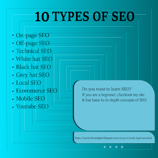 Here i describe the main types of SEO: On-page, Off-page and Technical SEO.