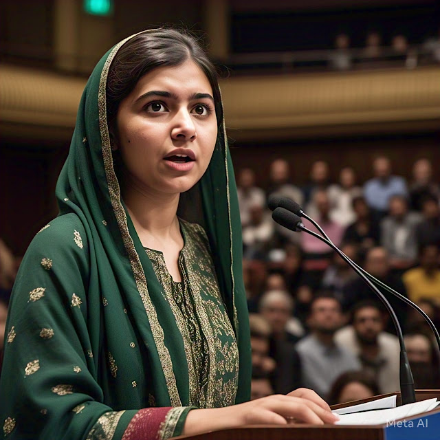 "Malala Yousafzai delivering a powerful speech on girls' education."