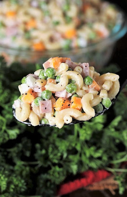 Serving Spoon of Ham & Cheese Macaroni Salad Image