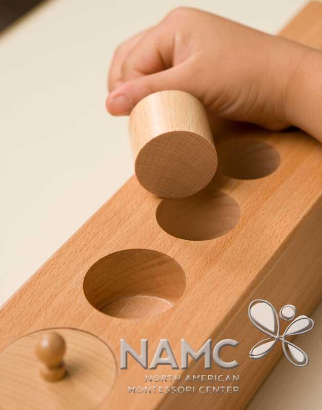 NAMC circle of inclusion montessori materials built in control of error. child using cylinder block