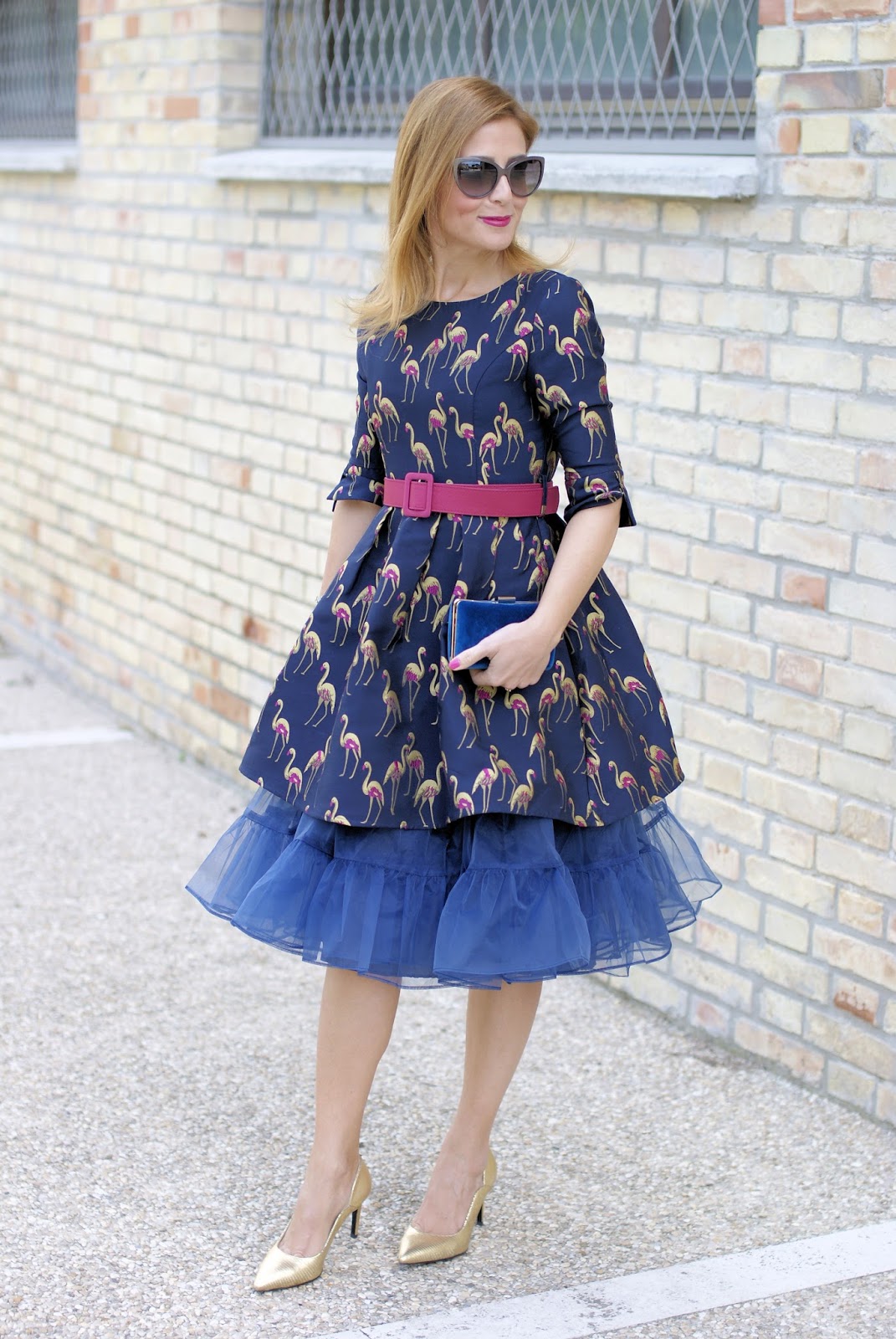 Dezzal crane print jacquard dress and how to wear a tulle petticoat, Giovanni Fabiani shoes on Fashion and Cookies fashion blog, fashion blogger style