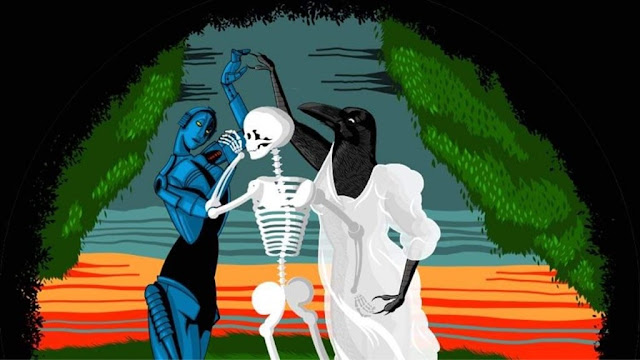 A robot, a skeleton, and a crow dance on the cover of Corvid-19