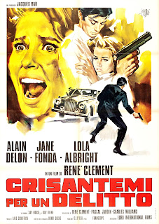 CRISANTEMI PER UN DELITTO. Italia. Cartel reposición 1972: 100 x 140 cms. Autor: Sandro Symeoni. Imprenta: Litoroma, Roma. LOS FELINOS. Les félins. 1964. Francia. Dirección: René Clément. Reparto: Alain Delon, Jane Fonda, Lola Albright, Sorrell Booke, Carl Studer, André Oumansky, Arthur Howard, George Gaynes, Annette Poivre, Berett Arcaya, Marc Mazza, Jacques Bézard.