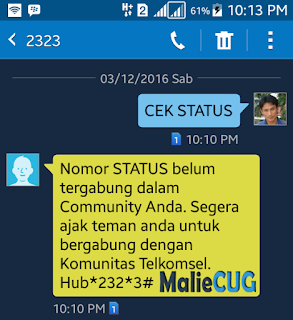 Nomor STATUS belum tergabung dalam community anda.Segera ajak teman anda untuk bergabung dengan Komunitas Telkomsel. Hubungi *232*3#