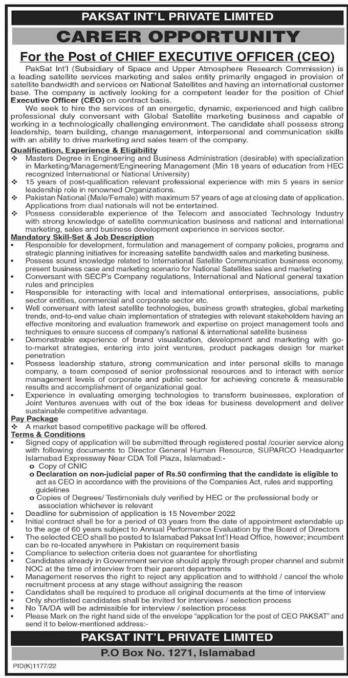 Latest Paksat IntL Private Ltd Jobs 2022 Islamabad 