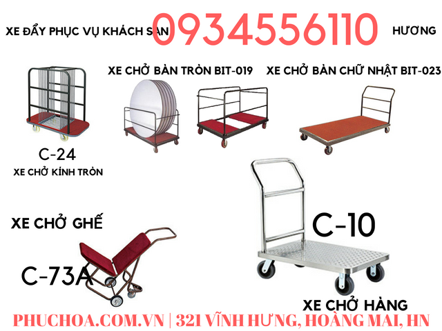 Các loại xe chở bàn tròn, xe chở bàn hình chữ nhật, xe chở kính, chở ghế, chở hàng khách sạn